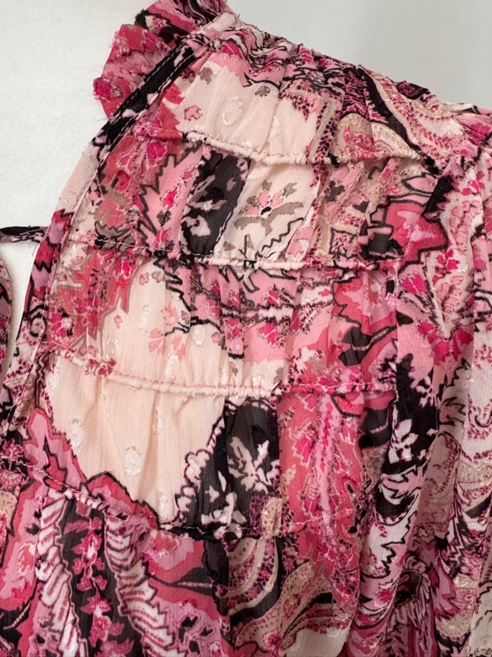 Pink Paisley Sheer Flowy Blouse Tie-Neck Long Sleeve Ruffle Trim Sz S - Picture 7 of 15